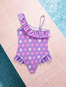 HELLO KITTY AND FRIENDS | SHEIN Baju Renang Terusan Motif Kartun Huruf untuk Anak Perempuan, Cocok untuk Liburan Pantai, Pesta Kolam Renang, Pesta Pantai - Mauve Purple - View 2