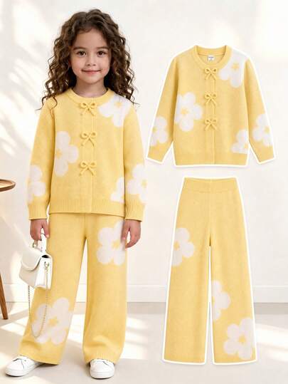 Young Girls Sweater Co-Ords Sweet Heavy Embroidery 3D Bow Frill Trim Knit Cardigan + Pants 2 Pieces Set Loose Versatile Elegant Knit Sweater Set Gentle Cute Long Sleeve Sweater Set Suitable For Daily Wear, Travel, Outings, Autumn/Winter