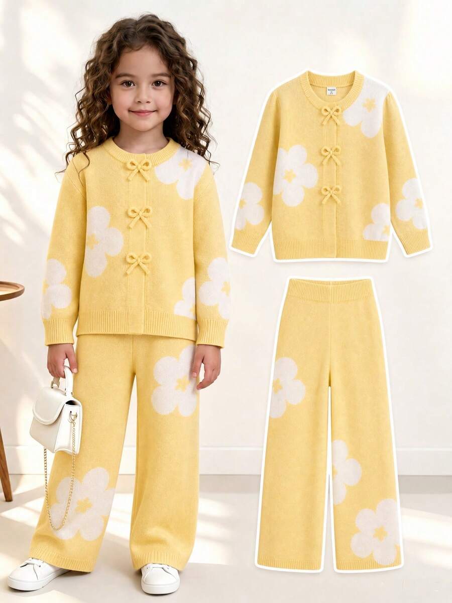 Young Girls Sweater Co-Ords Sweet Heavy Embroidery 3D Bow Frill Trim Knit Cardigan + Pants 2 Pieces Set Loose Versatile Elegant Knit Sweater Set Gentle Cute Long Sleeve Sweater Set Suitable For Daily Wear, Travel, Outings, Autumn/Winter - Multicolor - View 1