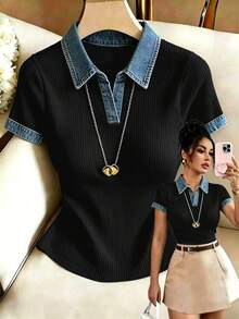 Selianne Women's Casual Daily Commute Polo Collar Denim Print Patchwork Top - Black - View 1