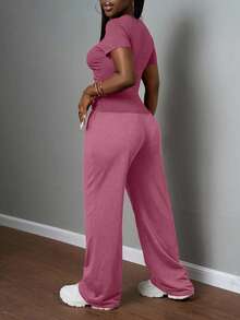 Slaydiva 2025 Women's Casual Dusty Rose Summer Lounge Set,Solid Round Neck Slim Short Sleeve T-Shirt & Drawstring Waist Straight Pants Two Pieces Set,Party - Dusty Pink - View 2