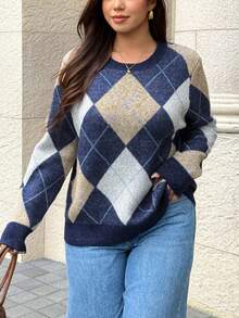 Easura Sweater Lengan Panjang Kerah Bulat Motif Argyle Vintage Ukuran Besar, Gaya Preppy - MultiWarna - View 3