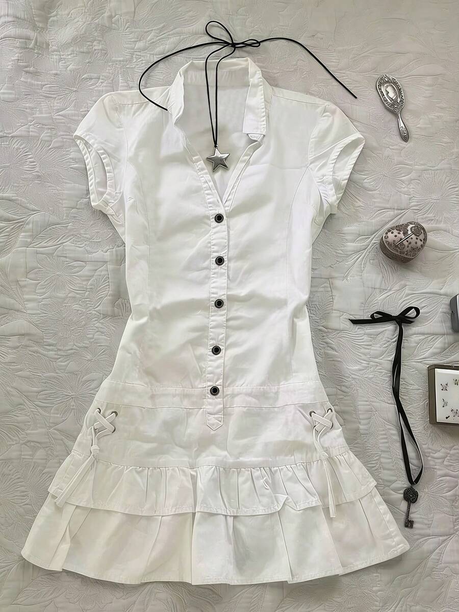 SHEIN Women's Casual Solid Color Ruffle Hem Short Dress, Summer - White - View 1