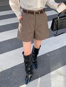 DAZY 女款高腰千鳥格羊毛直筒寬鬆休閒通勤街頭風短褲，秋冬款 - 棕色 - 查看 4
