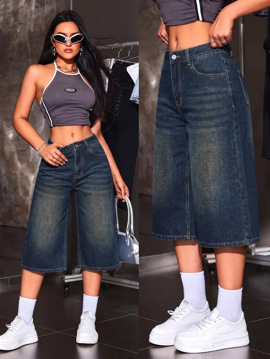 SHEIN ICON 女款口袋寬腿寬鬆休閒九分牛仔褲 - 藍色 - 查看 1