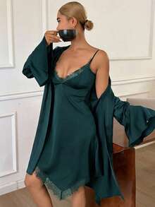 DAZY Summer Charming Satin & Lace Patchwork Ruffle Sleeve Robe Set With Tie & Camisole Short Nightwear For Women - Green - View 3