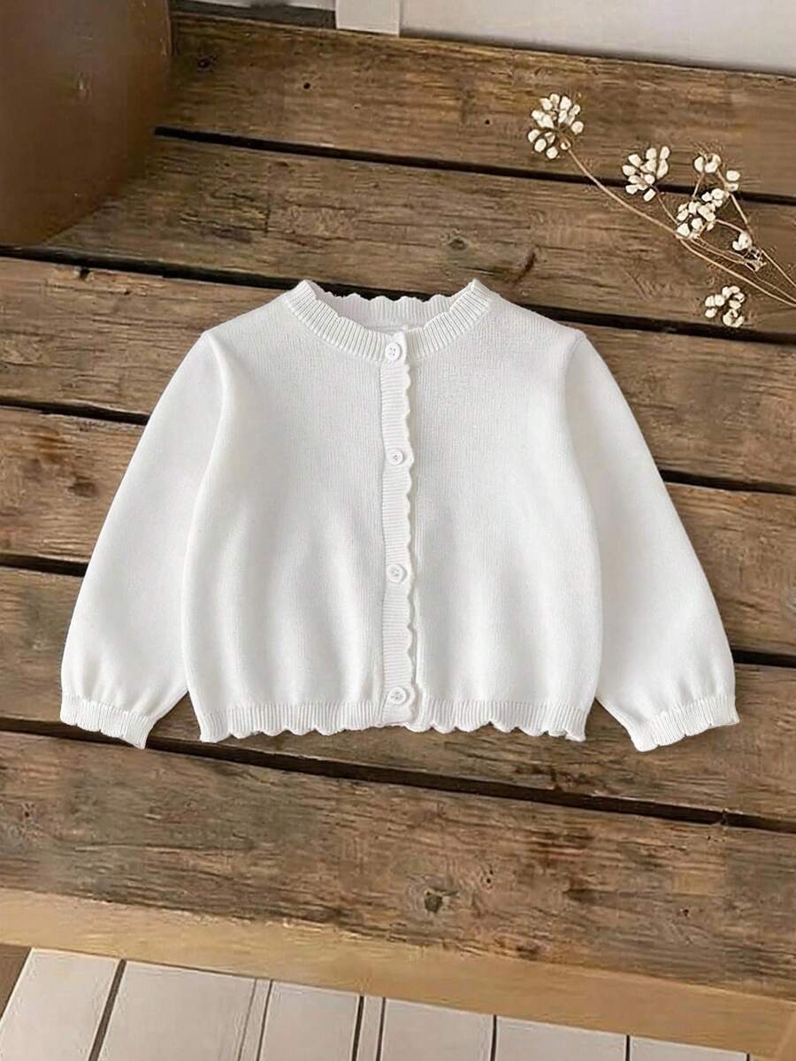 SHEIN LMoss Kids 女嬰白色修身圓領針織開襟外套,秋冬款,可搭配洋裝、背心等,適合冷氣房、舒適外出、聚會、派對,防曬,白色基本款開襟衫 - 白色 - 查看 1