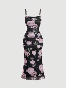 SHEIN MOD 黑色底粉色花卉印花抓皺中長洋裝 - 彩色 - 查看 1