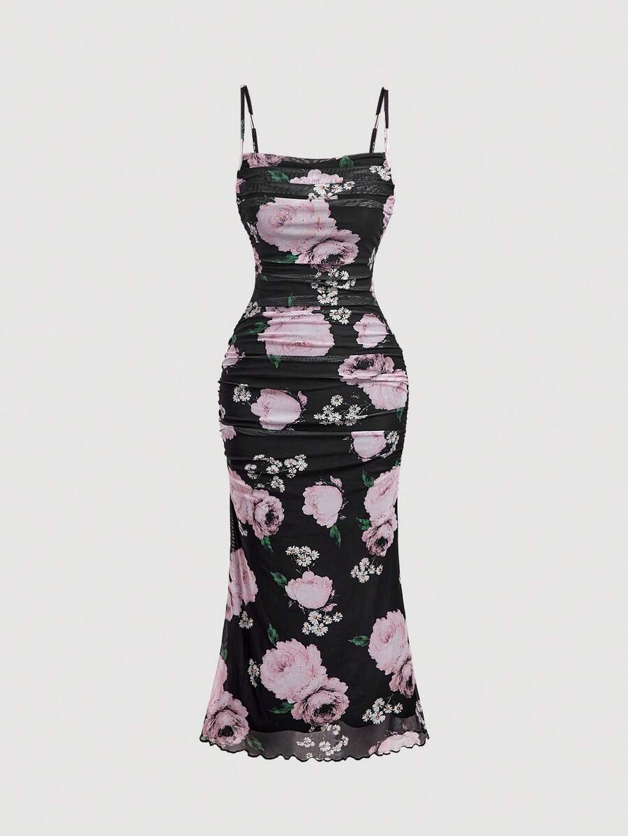 SHEIN MOD 黑色底粉色花卉印花抓皺中長洋裝 - 彩色 - 查看 1