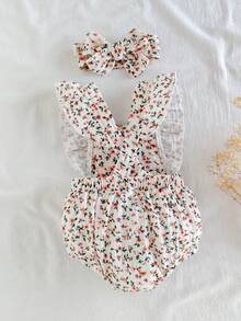 SHEIN 新生兒夏季無袖休閒簡約花卉印花連身褲，適合休閒時光或戶外購物穿著 - 彩色 - 查看 2