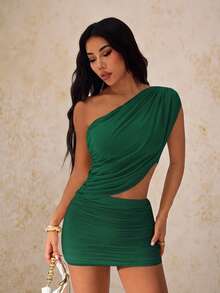 SHEIN PETITE Women Mini Solid Color Asymmetrical Neck Dress, Fashionable For Summer,Party Dress - Dark Green - View 3