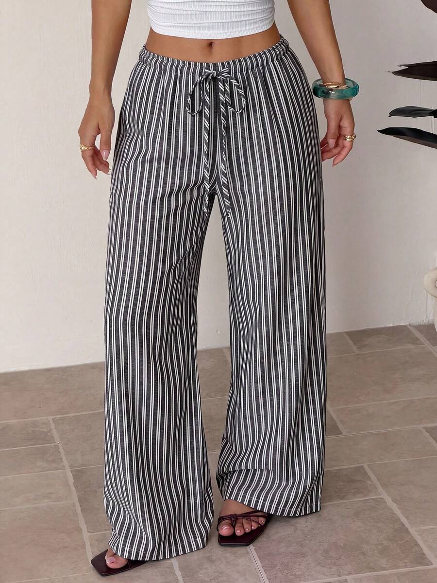 SHEIN PETITE 女款夏季條紋休閒百搭日常穿著長褲 - 黑色 - 查看 1