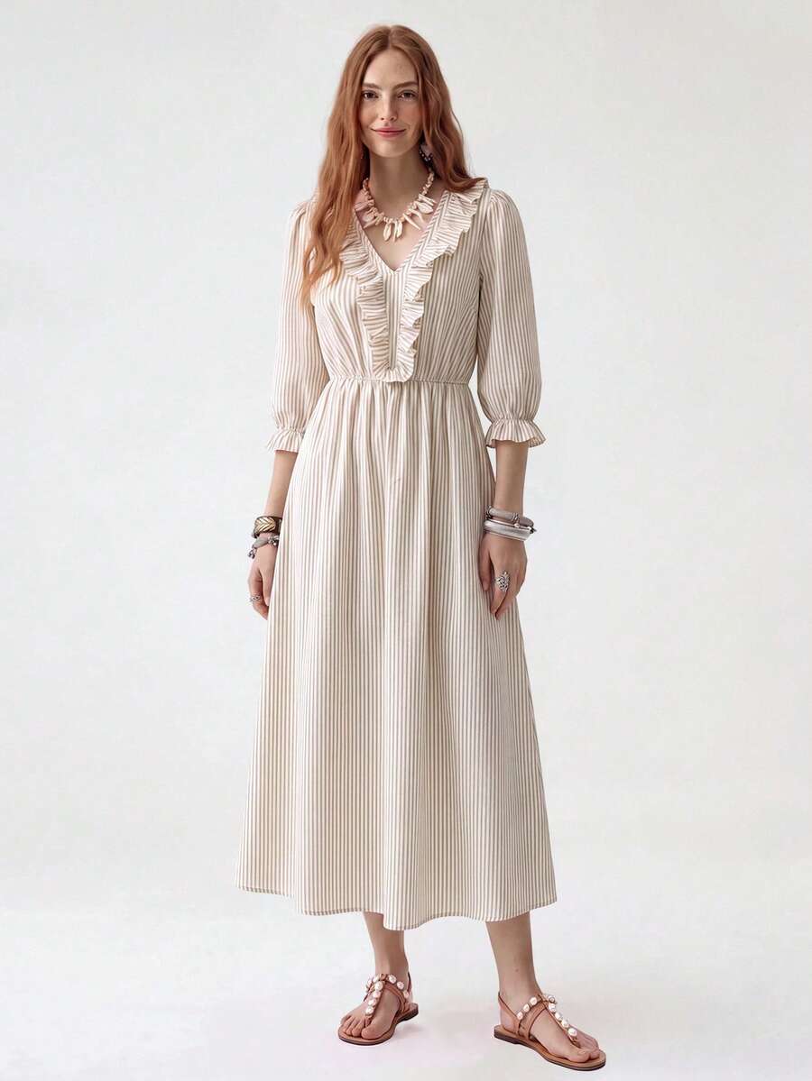 SHEIN 女款編織休閒度假條紋夏季長洋裝