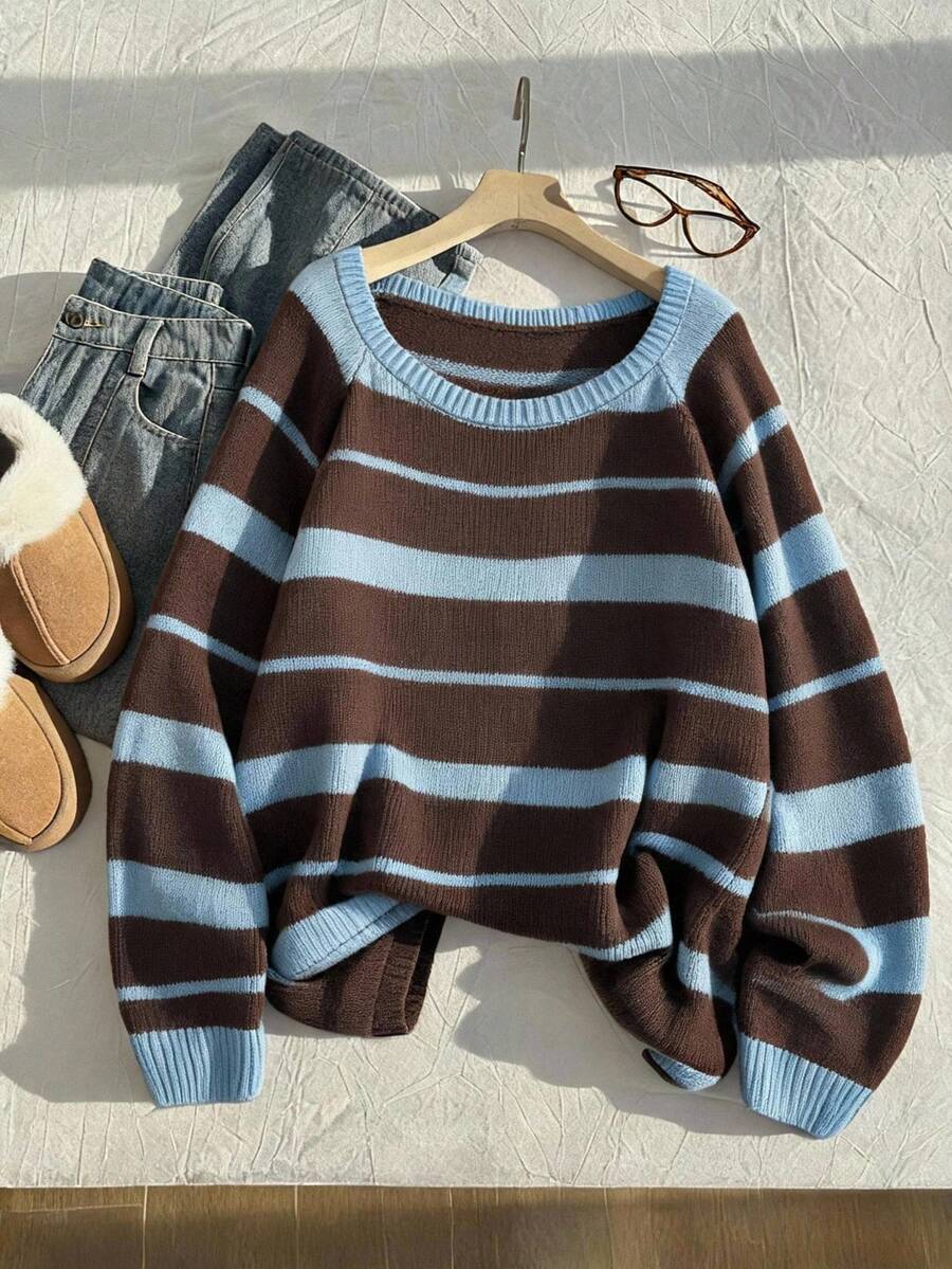 Comfortcana Suéter de punto de talla grande con bloques de color, rayas retro y hombro asimétrico para otoño/invierno - Multicolor - Ver 1