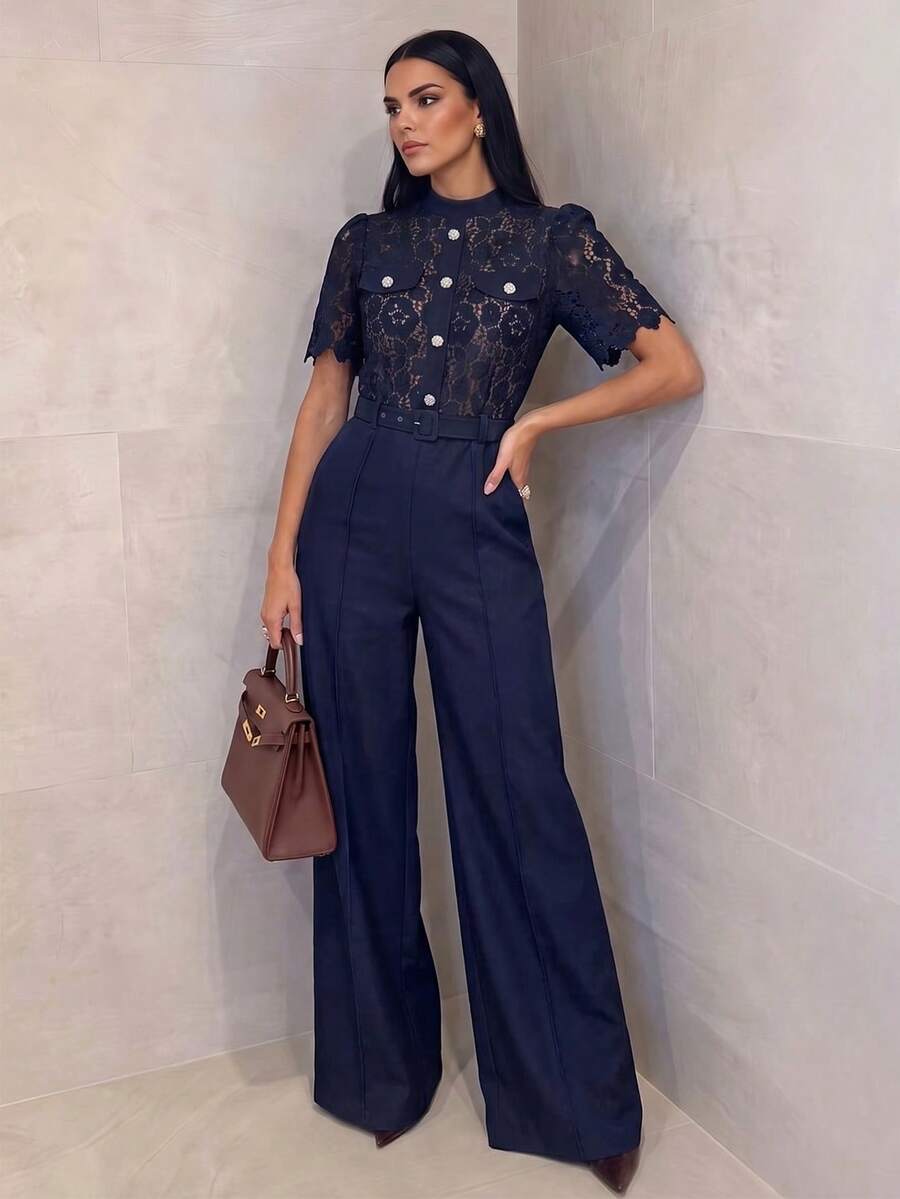 Anewsta 新款时尚水溶蕾丝上衣,配水钻装饰腰带和阔腿裤,优雅休闲女士连体裤 - 藏蓝色 - 查看 1