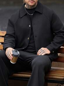 Manfinity CasualCool Men's Black Lapel Raglan Sleeve Single-Breasted Casual Minimalist Overcoat - Black - View 6