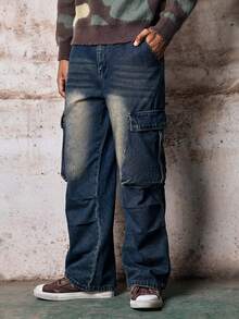 Skyrend 1pc Vintage Patchwork Multi-Pocket Distressed Loose Fit Wide Leg Jeans For Men, Fashion Versatile (Belt And Accessories Not Included) Fall/Autumn/Winter Grunge - Blue - View 6