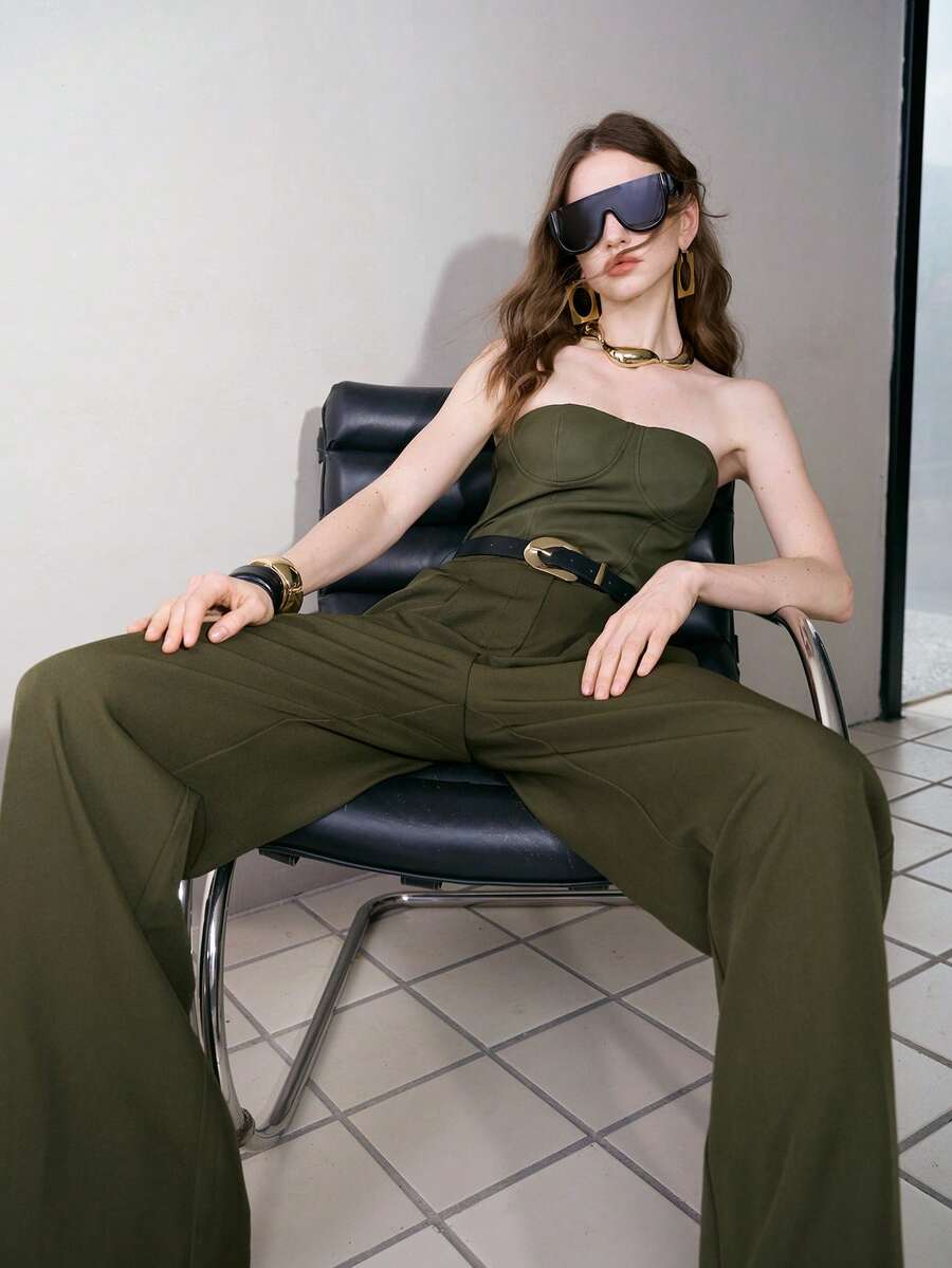 MOTF PREMIUM WOMEN'S PU PATCHWORK BANDEAU JUMPSUIT, AUTUMN/WINTER - Army Green - View 1