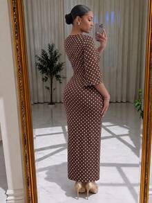 SHEIN Lady CURVE 大尺碼女款 V 領棕色打結抓皺休閒優雅 1960s Eleganza 風格派對約會婚禮禮服 秋季 - 棕色 - 查看 2