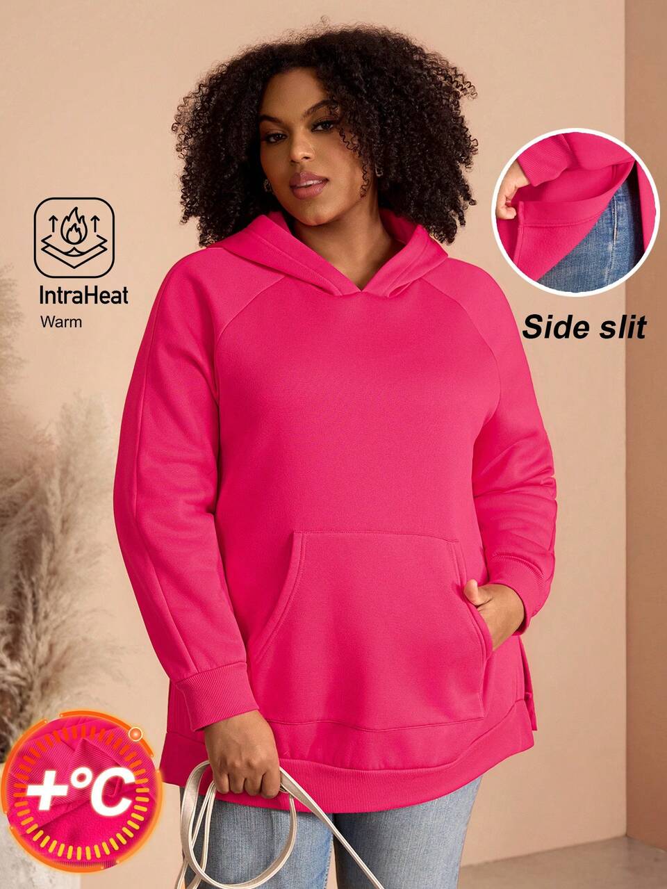 Plus Size Women Autumn/Winter Casual Cowboy Elegant Country Side Slit Hooded Hot Pink Sweatshirt Top With Pocket,Going Out Hiking Vacation,Festival
