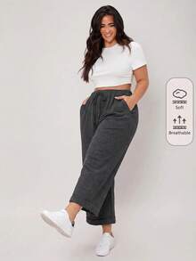 SHEIN BASICS Plus Size Women's Solid Color Waist Tie Straight Leg Casual Kawaii Baggy Sweatpants Date Night Lounge Beach Formal Vacation Active Gray Fall - Dark Grey - View 3