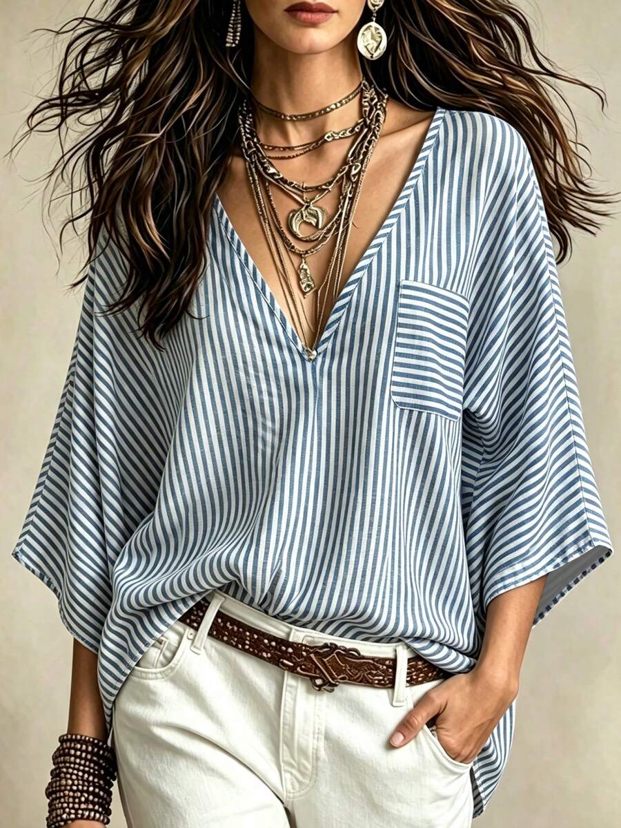 Glimmora Women's V-Neck Striped Pocket Casual Shirt - Multicolor - View 1