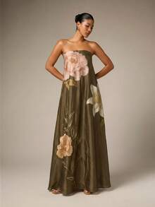 AiiRZ Strapless Maxi Dress With Large Scale Floral Embroidery On Satin A-Line Silhouette For Evening And Special Occasions - Army Green - View 3