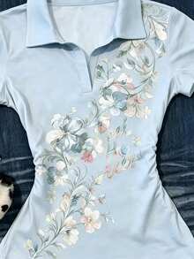 IslaSuriya 女款 POLO 領修身 T 恤，休閒極簡優雅風，適合日常休閒穿著，短袖上衣，夏季新款時尚上衣，花卉圖案 T 恤上衣 - 彩色 - 查看 2