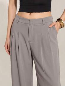 SHEIN Tall 「Old Money Style」性感商務休閒高腰百褶寬腿長褲，優雅素色寬鬆修身女款上班通勤工作褲 - 灰色 - 查看 8
