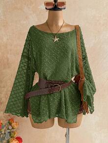 Soleia Long Sleeve Asymmetrical Neck Knit Jacquard Loose Fit Slit Top - Dark Green - View 7