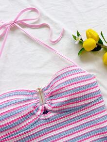 SHEIN Tween Girl Striped Colorblock Halter Tie Top And Shorts Casual Daily Set - Pink - View 6