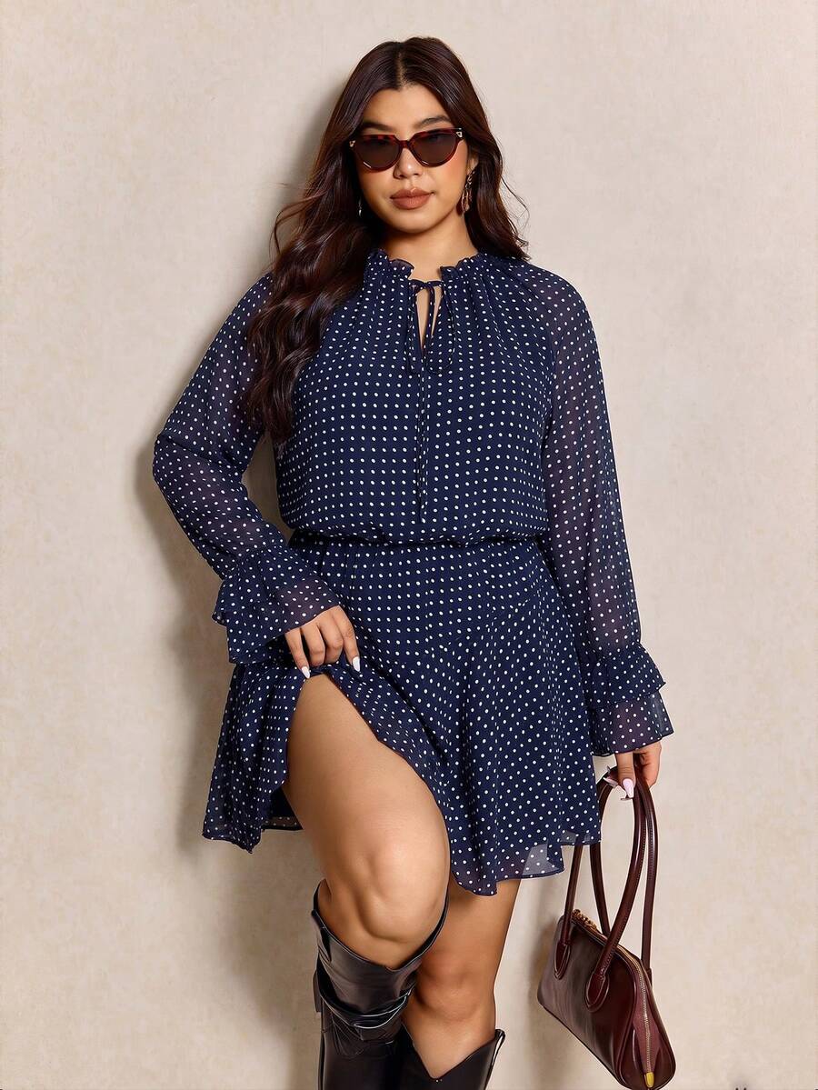 Elaquor Plus Size Casual Commute Polka Dot Print Dress - Navy Blue - View 1