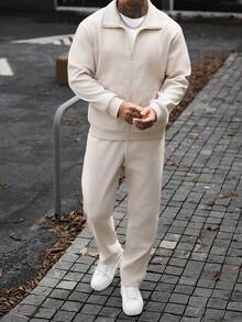 Manfinity CasualCool 男士純色拉鍊長袖夾克與長褲休閒日常套裝 - 杏色 - 查看 1