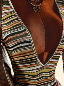 Amplova Women's Deep V-Neck Back Beaded Flare Sleeve Striped Sexy Mini Dress - Brown - View 7