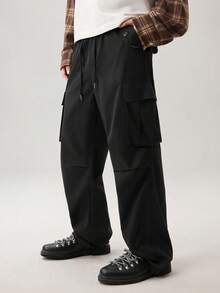 Men's Casual Solid Color Multi-Pocket Drawstring Waist Cargo Pants, For Fall Wide Leg - Black - View 5