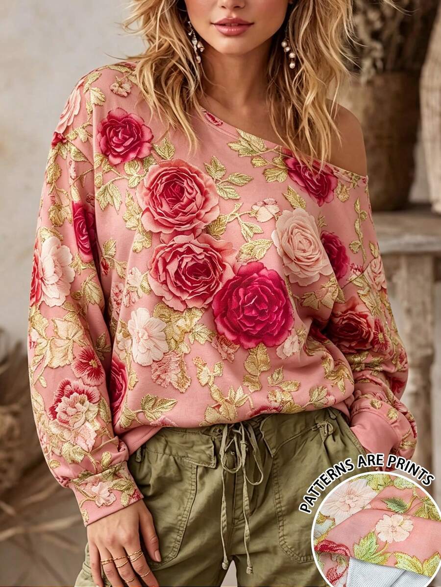 Selamara Women's Vintage-Print Off-Shoulder Sweatshirt Featuring A Floral Pattern; Bohemian Style. - Multicolor - View 1