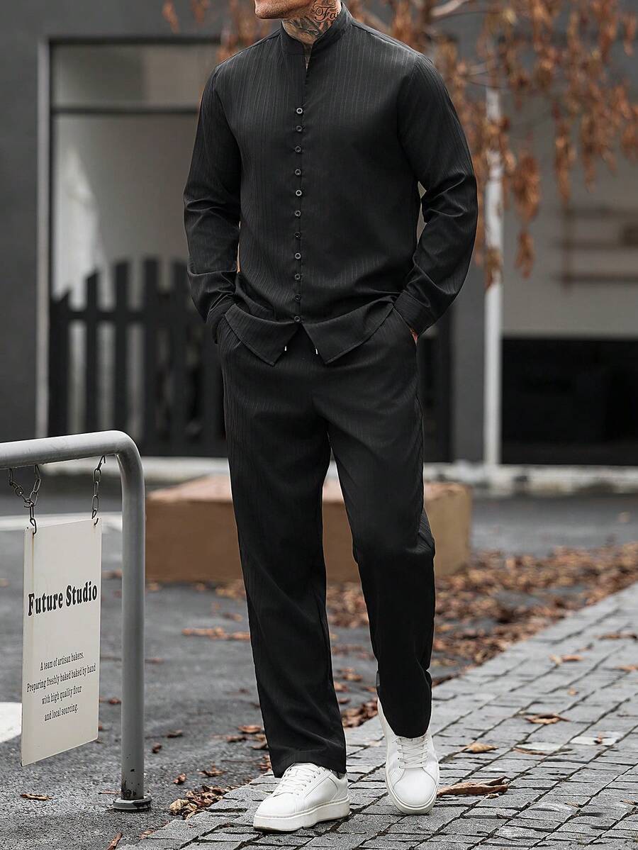 Manfinity CasualCool Men's Autumn/Winter Long Sleeve Top And Pants 2 Pieces Set - Black - View 1