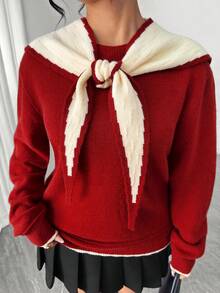 Elenzga Plus Size Colorblock Shawl Collar Round Neck Long Sleeve Slimming Versatile Knit Sweater Winter - Red - View 5