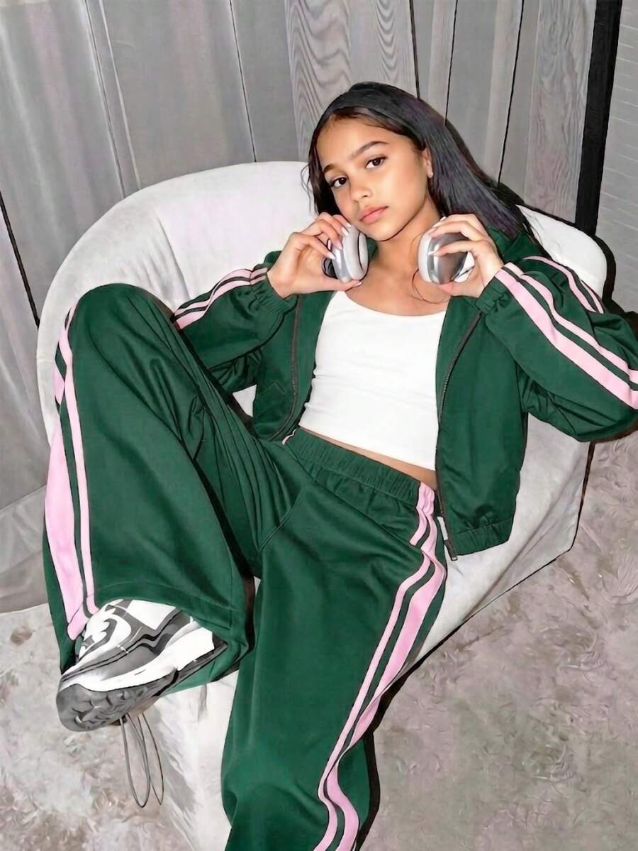 SHEIN 3件組青少年女孩連帽套裝,長袖開襟短夾克、白色細肩帶背心上衣、鬆緊腰寬鬆寬腿長褲,休閒套裝,秋季服飾,返校穿搭 - 彩色 - 查看 1