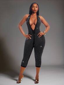 SHEIN SXY Plus Size Women's Rhinestone Halter Neck Sexy Casual Jumpsuit - Black - View 10