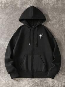 Resyla Men Men's Drawstring Hooded Zip-Up Long Sleeve Sweatshirt For Daily Wear - Black - View 3
