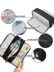 Large Capacity Double Layer Pencil Case Black Stationery Bag For School Office Desktop Organizer Back To School Gift - Black - View 5