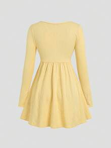 Sweetra Spring Summer Autumn Winter Pale Yellow Knitted Textured Jacquard Fashion Sexy Cottagecore Cute Low V-Neck Bowknot Waist A-Line Short Dress - Yellow - View 2