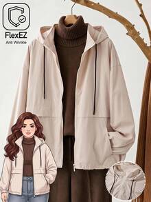 Rusticease Plus Size Women's Solid Color Drawstring Hooded Casual Baggy Business Elegant Everyday Hiking Long Sleeve Jacket Autumn Fall Going Out Teacher Grey - Khaki - View 2