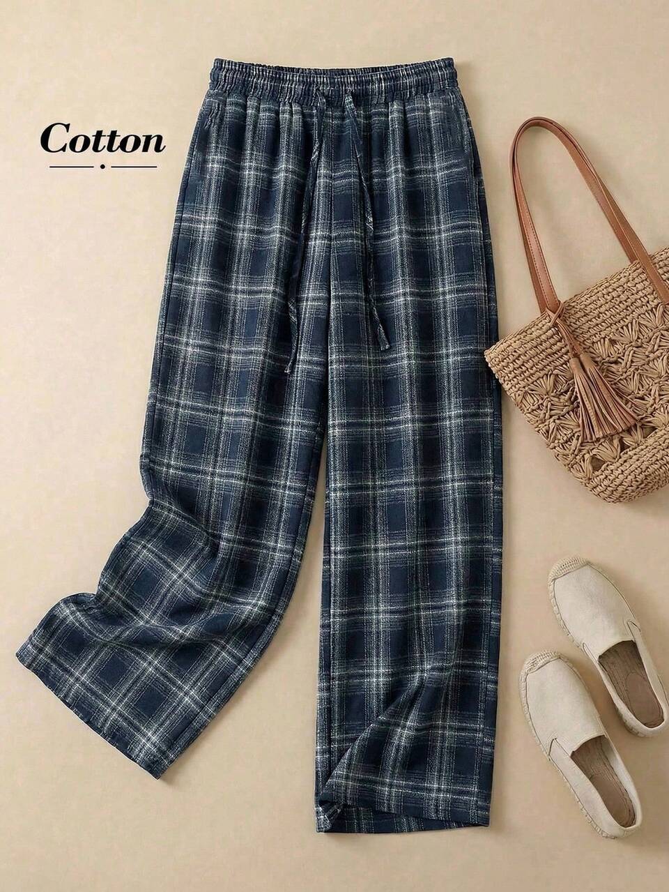 Plus Size Women's Plaid Drawstring Waist Casual 90s Versatile Daily Wear Long Pants Office Rodeo Navy Blue Autumn Fall