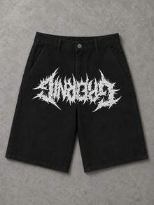 Manfinity EMRG 男士夏季新款街頭風 Grunge 荊棘印花黑色寬鬆牛仔短褲，適合電音派對演唱會 - 黑色 - 查看 1