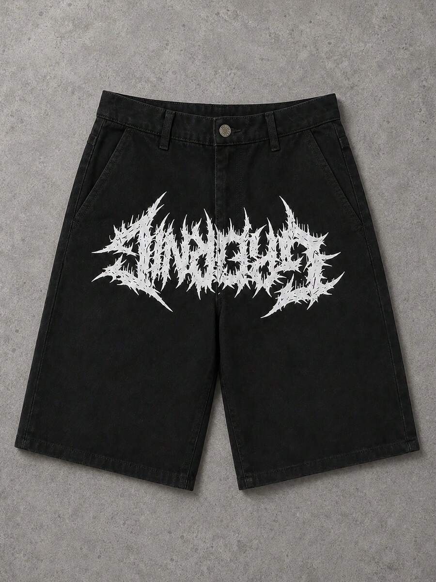 Manfinity EMRG 男士夏季新款街頭風 Grunge 荊棘印花黑色寬鬆牛仔短褲,適合電音派對演唱會 - 黑色 - 查看 1