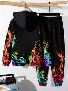 SHEIN 2件組兒童/青少年男孩黑色秋季街頭風連帽衛衣與冬季慢跑褲套裝，開學校園穿搭，舒適印花運動衫與慢跑褲 - 彩色 - 查看 2