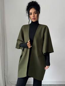 Elenzga Olive Green Batwing Sleeve Faux Pocket Decor Cardigan Overcoat Jacket Office Fall Casual - Green - View 1