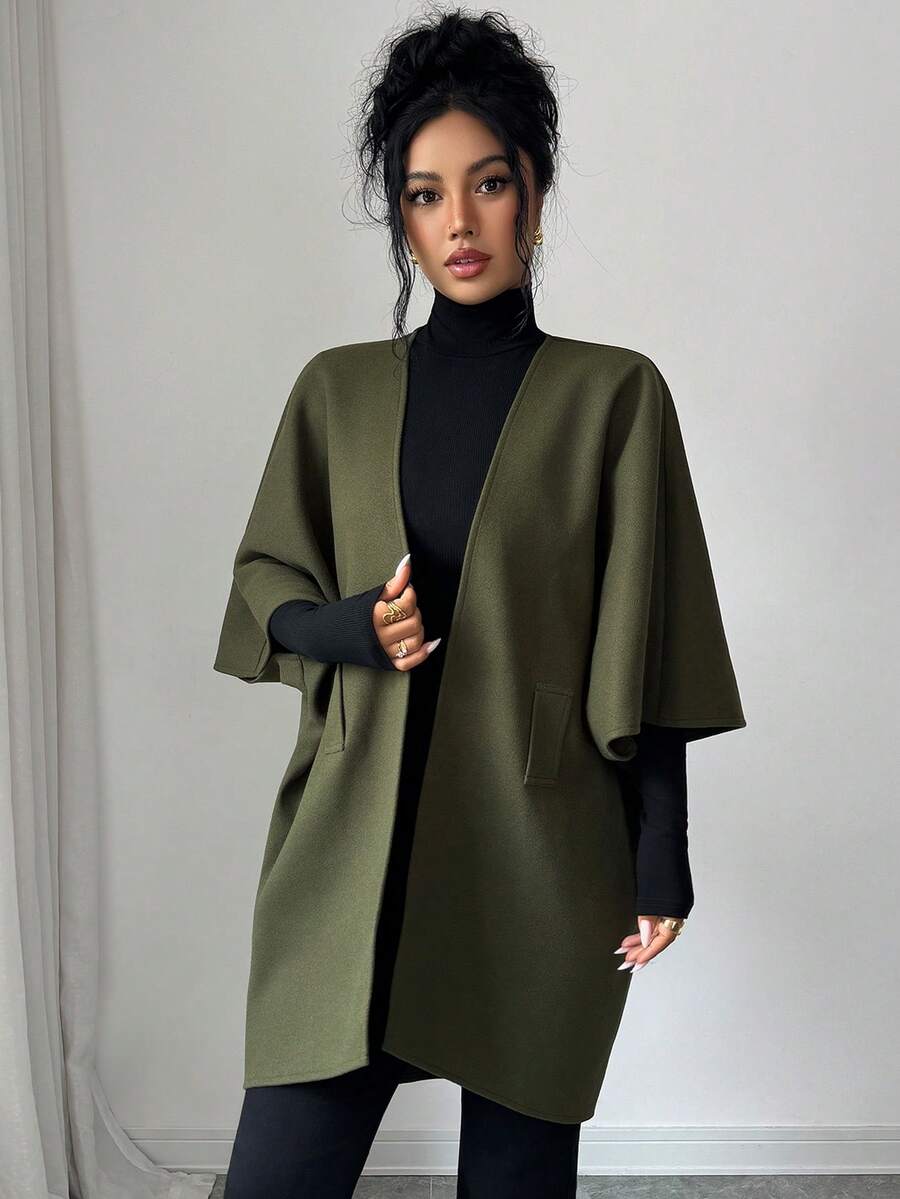 Elenzga Olive Green Batwing Sleeve Faux Pocket Decor Cardigan Overcoat Jacket Office Fall Casual - Green - View 1